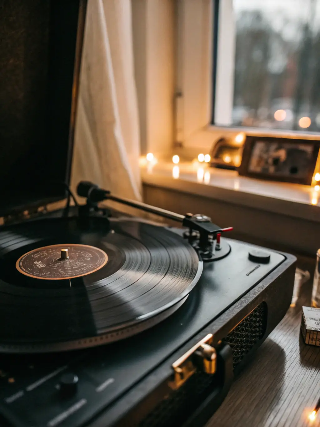 A close-up shot of a vinyl record spinning on a turntable, bathed in warm, ambient light, symbolizing John Torres' dedication to analog sound and musical craftsmanship.